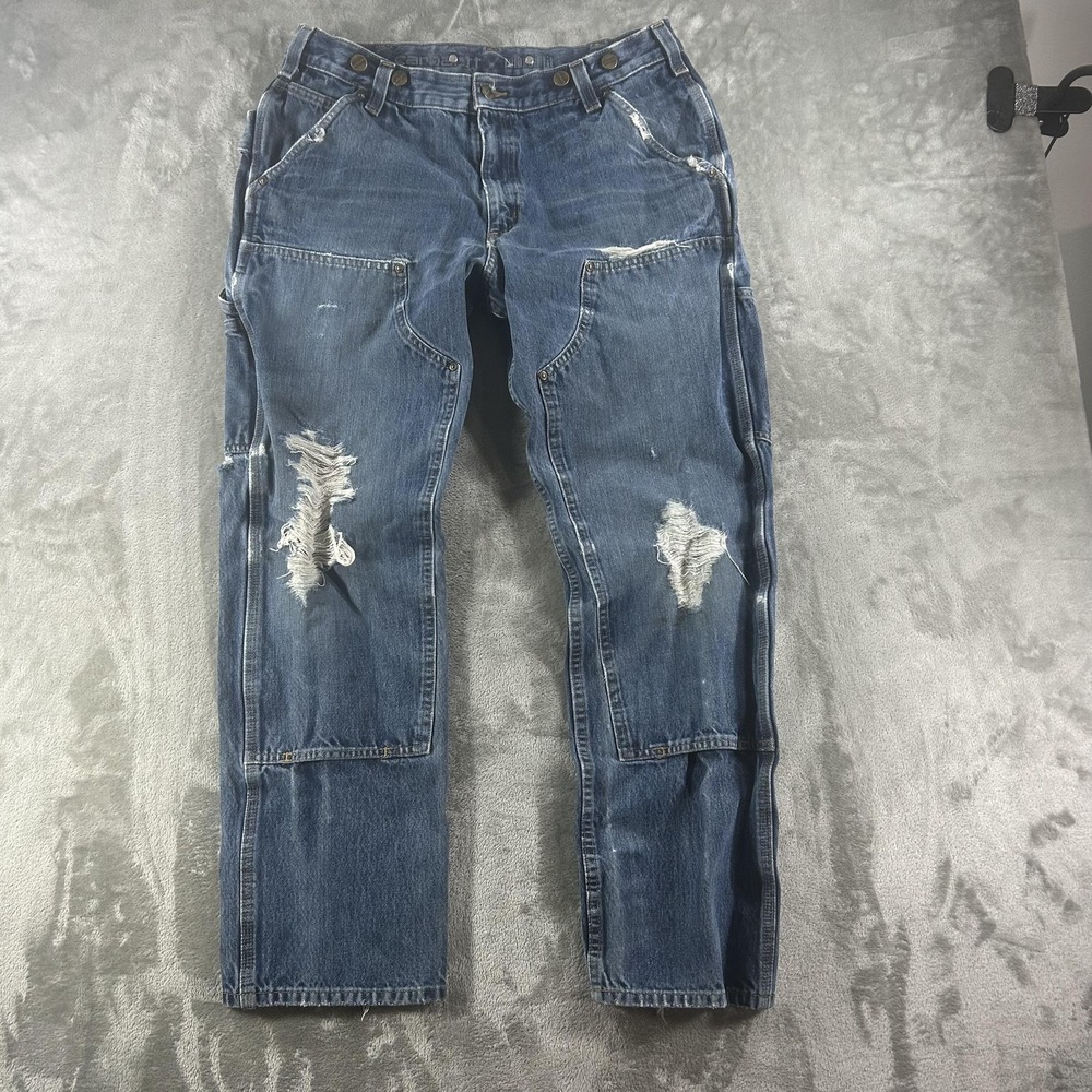 Carhartt Jeans Mens 34x32 Blue Med Wash Relaxed Straight Distressed Double Knee